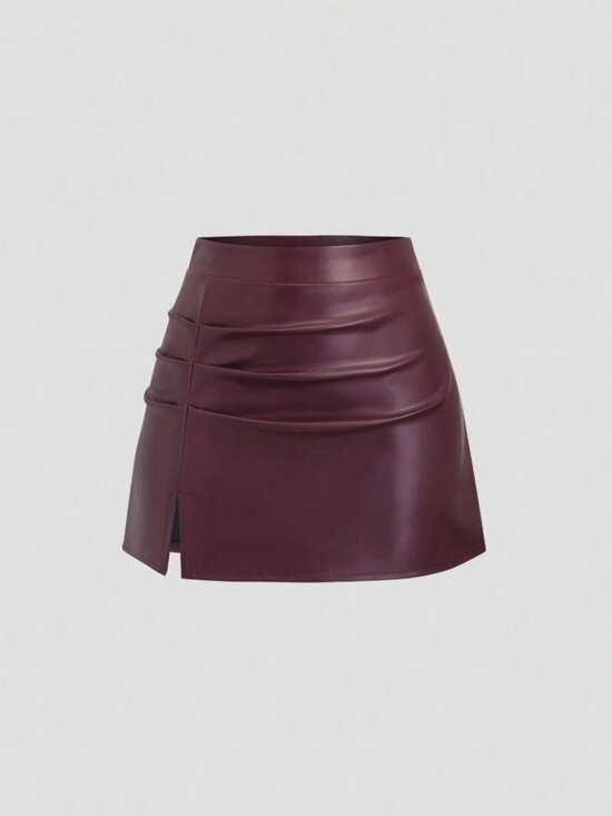 Dresses & Skirts - Women's Elegant High Waist Faux Leather Side Slit Flared A-Line Mini Skirt